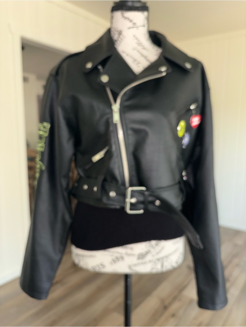 Bettlejuice meets Forever 21 Black Faux Leather Biker Jacket with Belt — XS